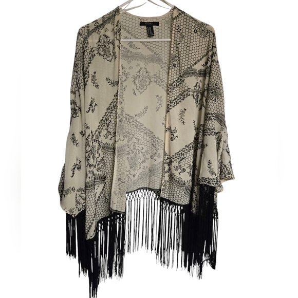 Forever 21 Sheer Kimono 3/4 Sleeve Fringe Open Top S/M - Picture 4 of 6